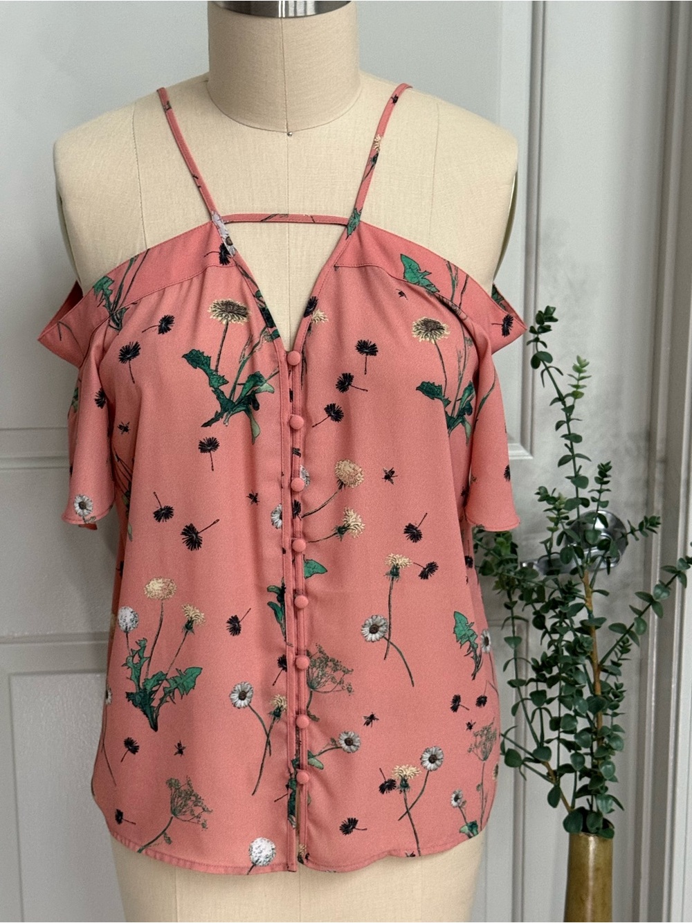Express Pink Floral Cold-Shoulder Button-Front Top